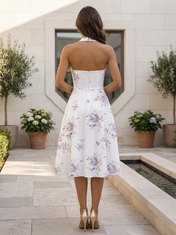 White Floral Chiffon High Halter Neck Sleeveless A-Line Midi-Length Gown Dress