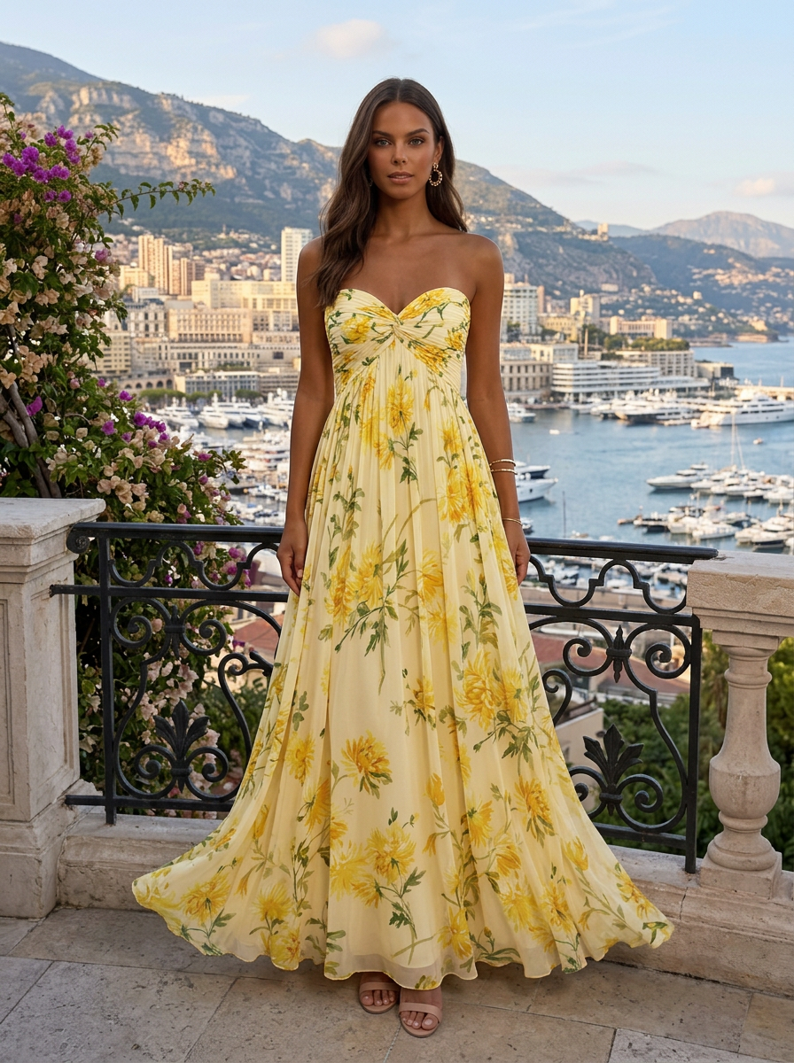 Yellow Floral Chiffon Strapless Sweetheart A-Line Floor-length Gown Dress