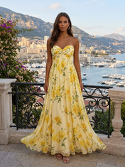 Yellow Floral Chiffon Strapless Sweetheart A-Line Floor-length Gown Dress