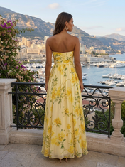 Yellow Floral Chiffon Strapless Sweetheart A-Line Floor-length Gown Dress