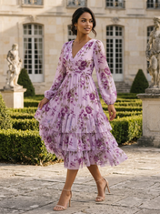 Light Purple Floral Chiffon V Neck Long Sleeve Tiered A-Line Midi Dress