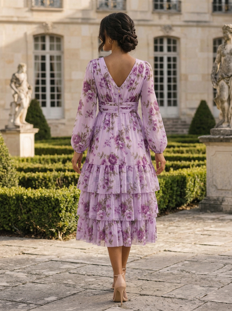 Light Purple Floral Chiffon V Neck Long Sleeve Tiered A-Line Midi Dress