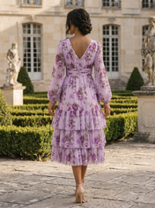 Light Purple Floral Chiffon V Neck Long Sleeve Tiered A-Line Midi Dress