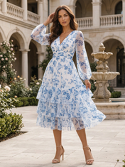 Blue Floral Chiffon V-Neck Long Sleeve Tiered Midi-Length Gown Dress