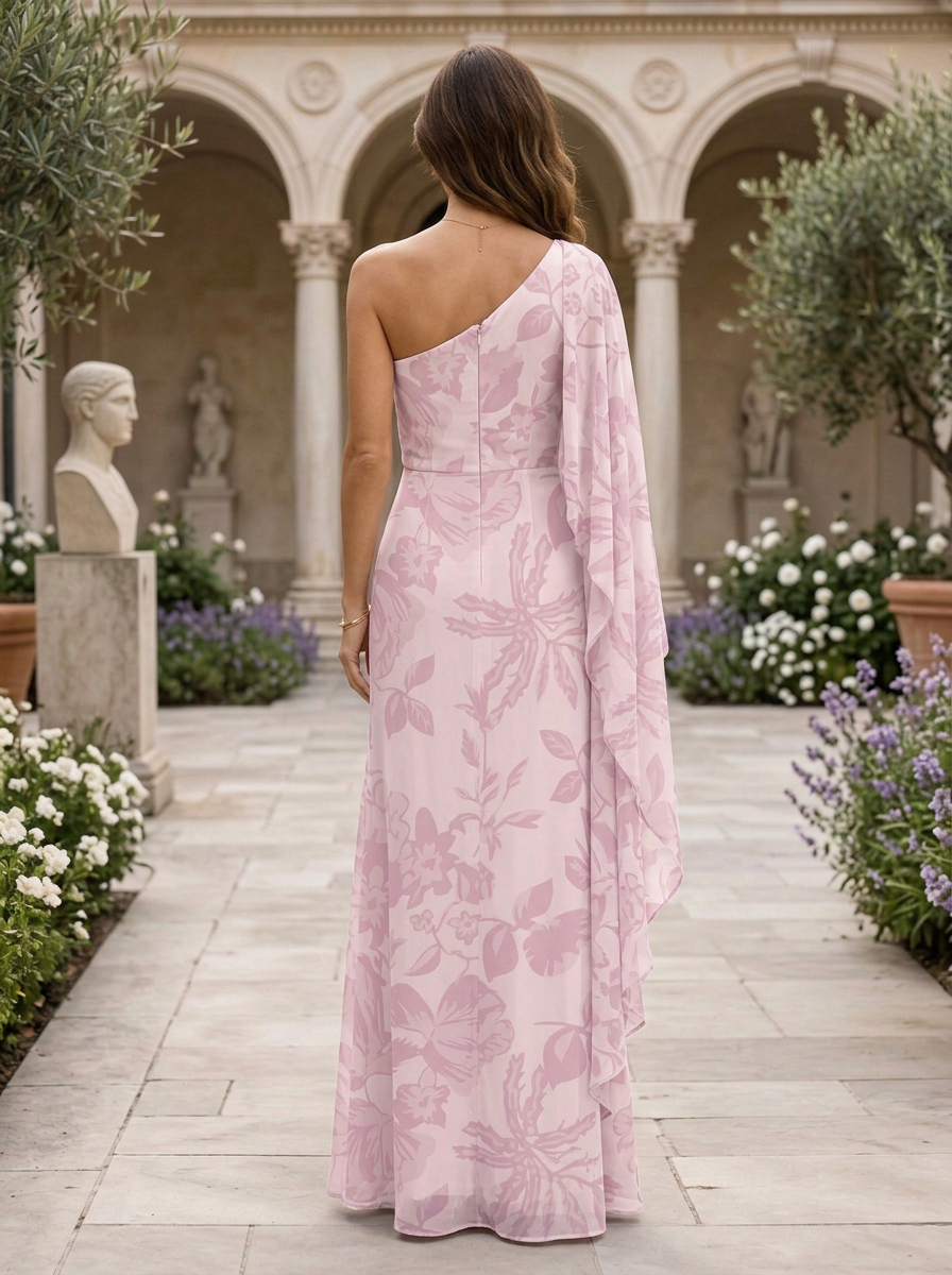 Pink Floral Chiffon One-Shoulder Draped Cape Sleeve A-Line Floor-length Gown Dress