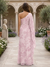 Pink Floral Chiffon One-Shoulder Draped Cape Sleeve A-Line Floor-length Gown Dress