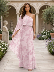 Pink Floral Chiffon One-Shoulder Draped Cape Sleeve A-Line Floor-length Gown Dress