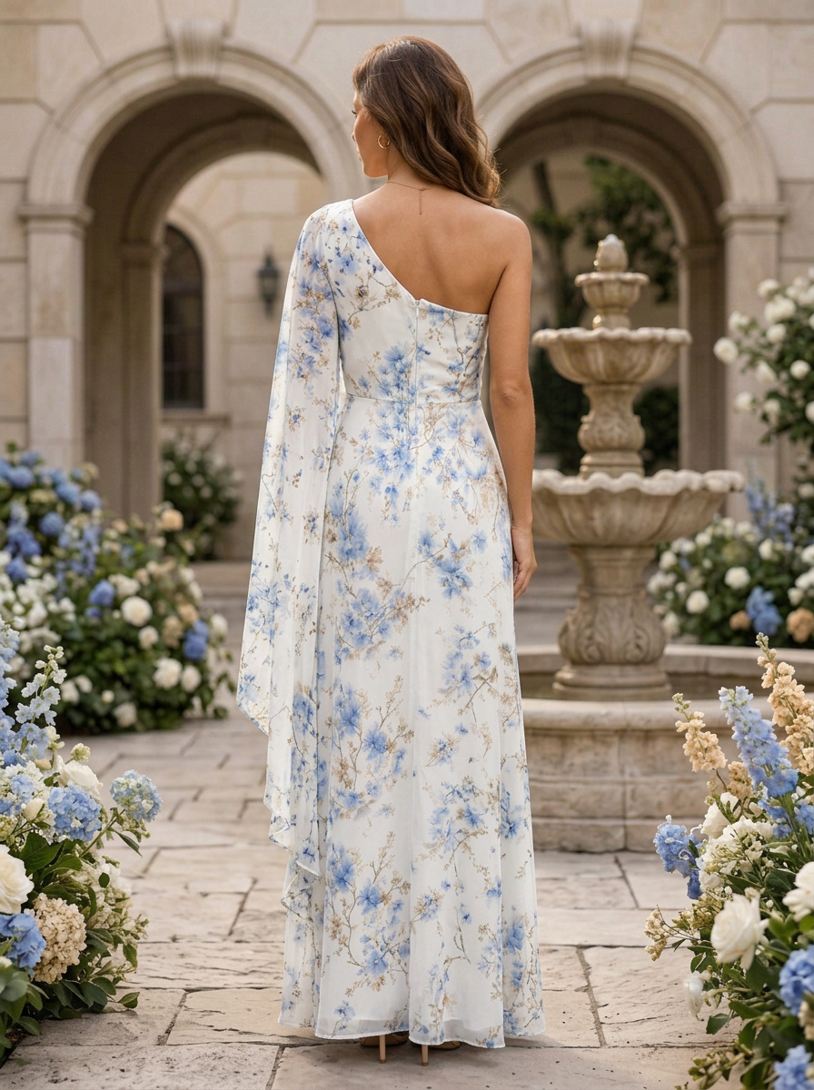 Light Blue Floral Chiffon One-Shoulder Draped Cape Sleeve A-Line Floor-length Gown Dress