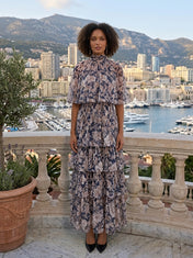 Navy Floral Chiffon Mock Neck Short Sleeve Tiered A-Line Floor-length Gown Dress