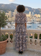 Navy Floral Chiffon Mock Neck Short Sleeve Tiered A-Line Floor-length Gown Dress