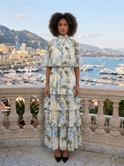 Light Blue Floral Chiffon Mock Neck Short Sleeve Tiered A-Line Floor-length Gown Dress