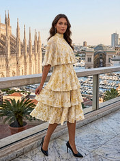 Yellow Floral Pleated Chiffon Mock Neck Short Cape Sleeve Tiered Midi-Length Dress
