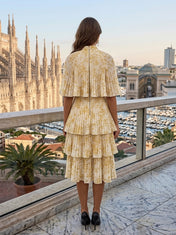 Yellow Floral Pleated Chiffon Mock Neck Short Cape Sleeve Tiered Midi-Length Dress