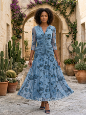 Slate Blue Floral Chiffon V-Neck Three-Quarter Sleeve A-Line Floor-length Gown Dress
