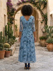 Slate Blue Floral Chiffon V-Neck Three-Quarter Sleeve A-Line Floor-length Gown Dress