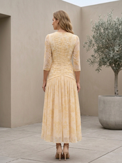 Yellow Floral Chiffon V-Notch Three-Quarter Sleeve A-Line Floor-length Gown Dress
