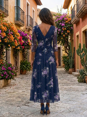 Navy Blue Floral Chiffon V-Neck Three-Quarter Sleeve A-Line Floor-length Gown Dress