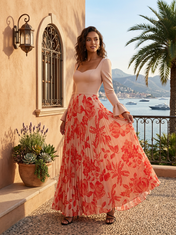 Peach Floral Chiffon Sweetheart Long Bell Sleeve A-Line Floor-length Gown Dress