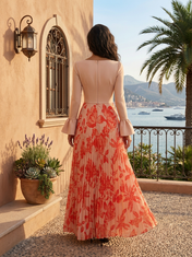 Peach Floral Chiffon Sweetheart Long Bell Sleeve A-Line Floor-length Gown Dress