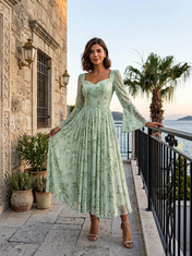 Sage Green Floral Chiffon Sweetheart Long Bell Sleeve A-Line Floor-length Gown Dress