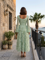 Sage Green Floral Chiffon Sweetheart Long Bell Sleeve A-Line Floor-length Gown Dress