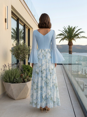 Light Blue Floral Chiffon Sweetheart Long Bell Sleeve A-Line Floor-length Gown Dress
