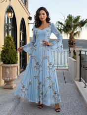 Light Blue Chiffon Sweetheart Floral Print Bell-Sleeve A-Line Floor-Length Gown Dress