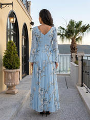 Light Blue Chiffon Sweetheart Floral Print Bell-Sleeve A-Line Floor-Length Gown Dress