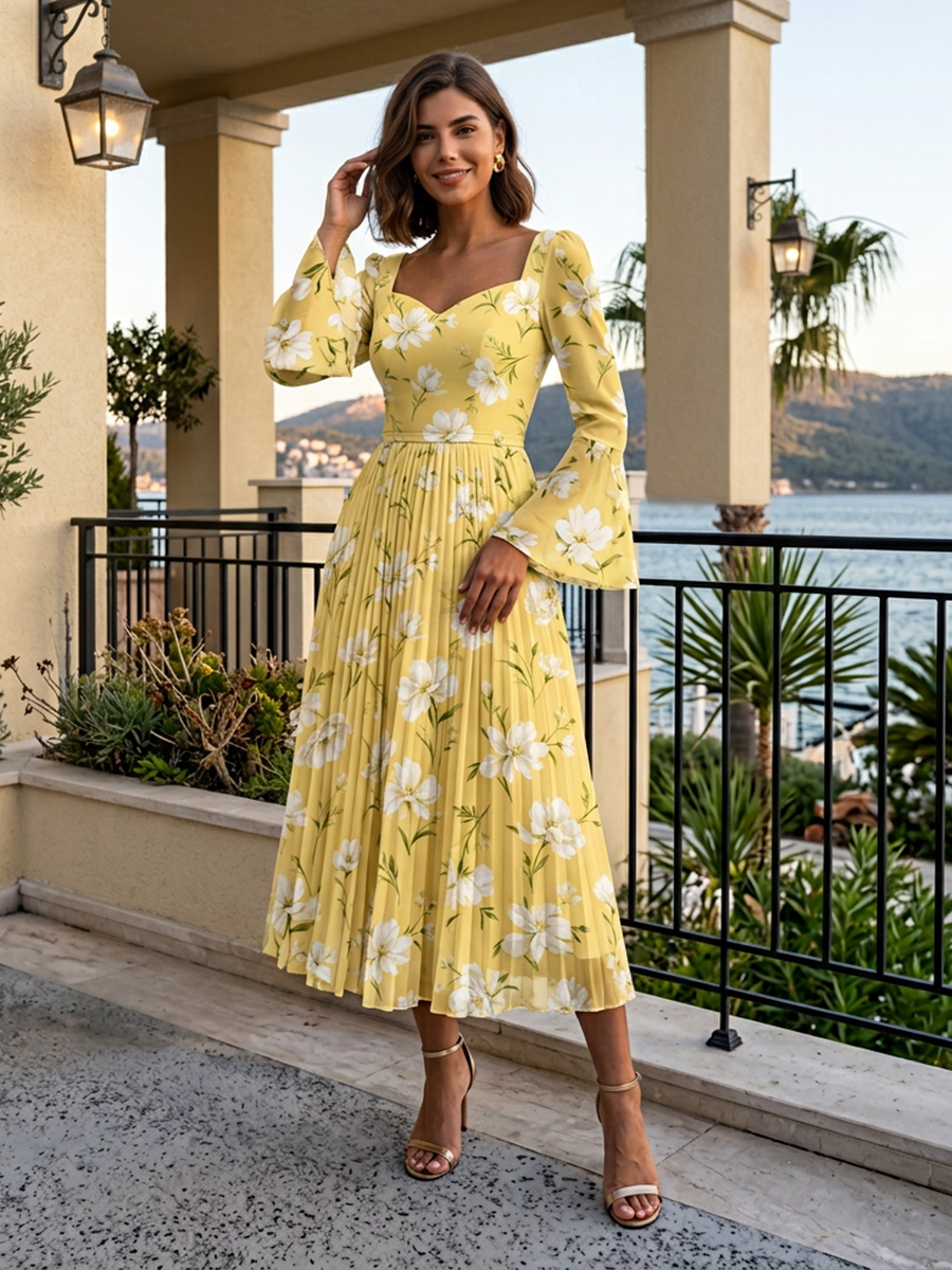 Yellow Floral Chiffon Sweetheart Long Bell Sleeve Pleated Midi Gown Dress