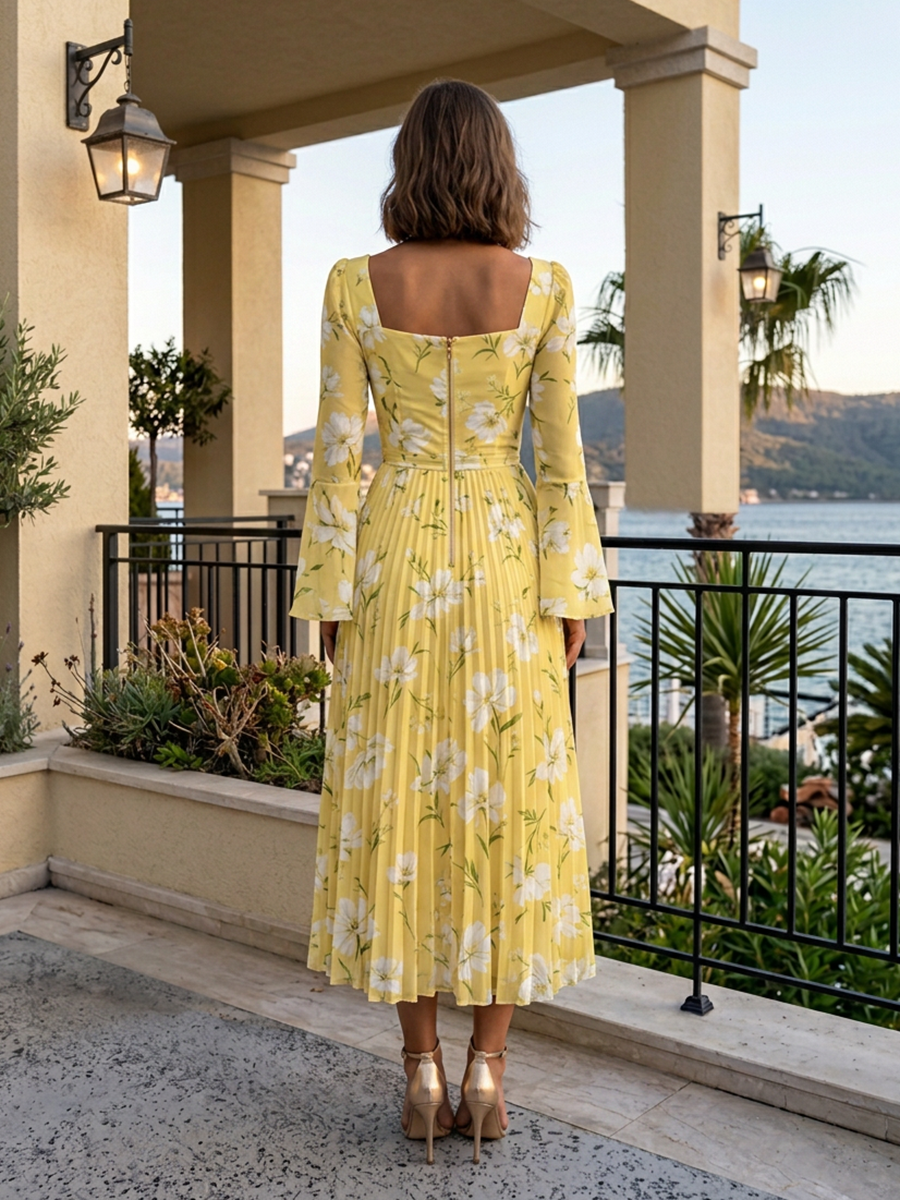 Yellow Floral Chiffon Sweetheart Long Bell Sleeve Pleated Midi Gown Dress