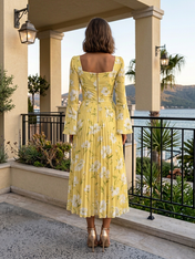 Yellow Floral Chiffon Sweetheart Long Bell Sleeve Pleated Midi Gown Dress