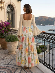 Watercolor Floral Chiffon Sweetheart Long Bell Sleeve Tiered Floor-Length Gown Dress