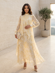 Yellow Floral Chiffon High Neck Layered Draped Floor-Length Gown Dress