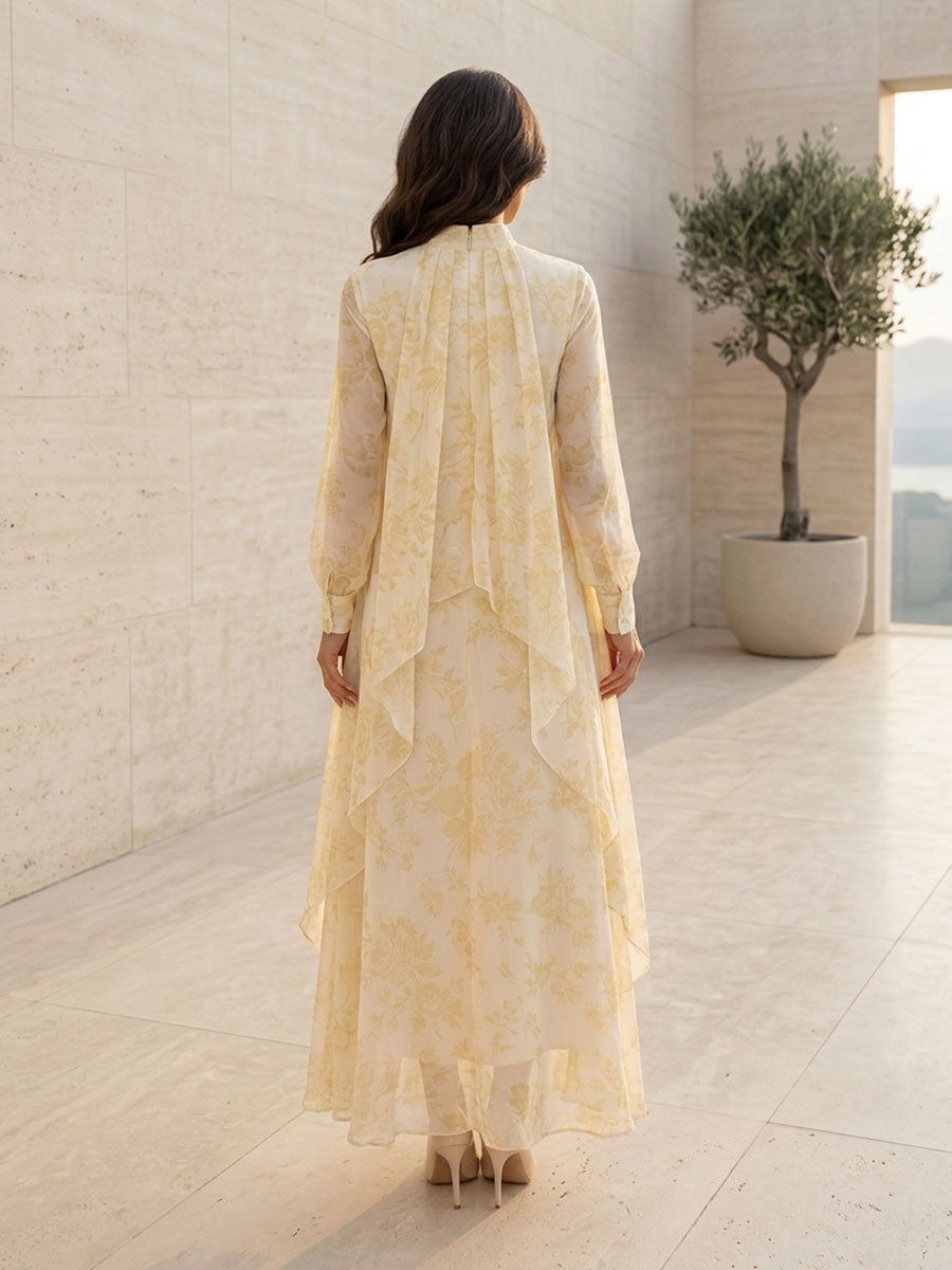 Yellow Floral Chiffon High Neck Layered Draped Floor-Length Gown Dress
