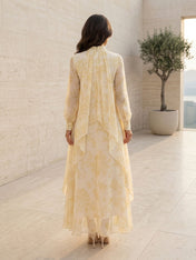 Yellow Floral Chiffon High Neck Layered Draped Floor-Length Gown Dress