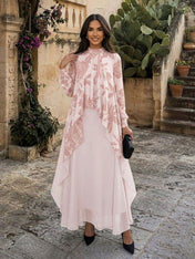 Blush Pink Floral Chiffon Mock Neck Layered Sheath Floor-Length Gown Dress