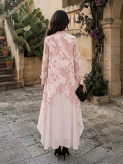 Blush Pink Floral Chiffon Mock Neck Layered Sheath Floor-Length Gown Dress