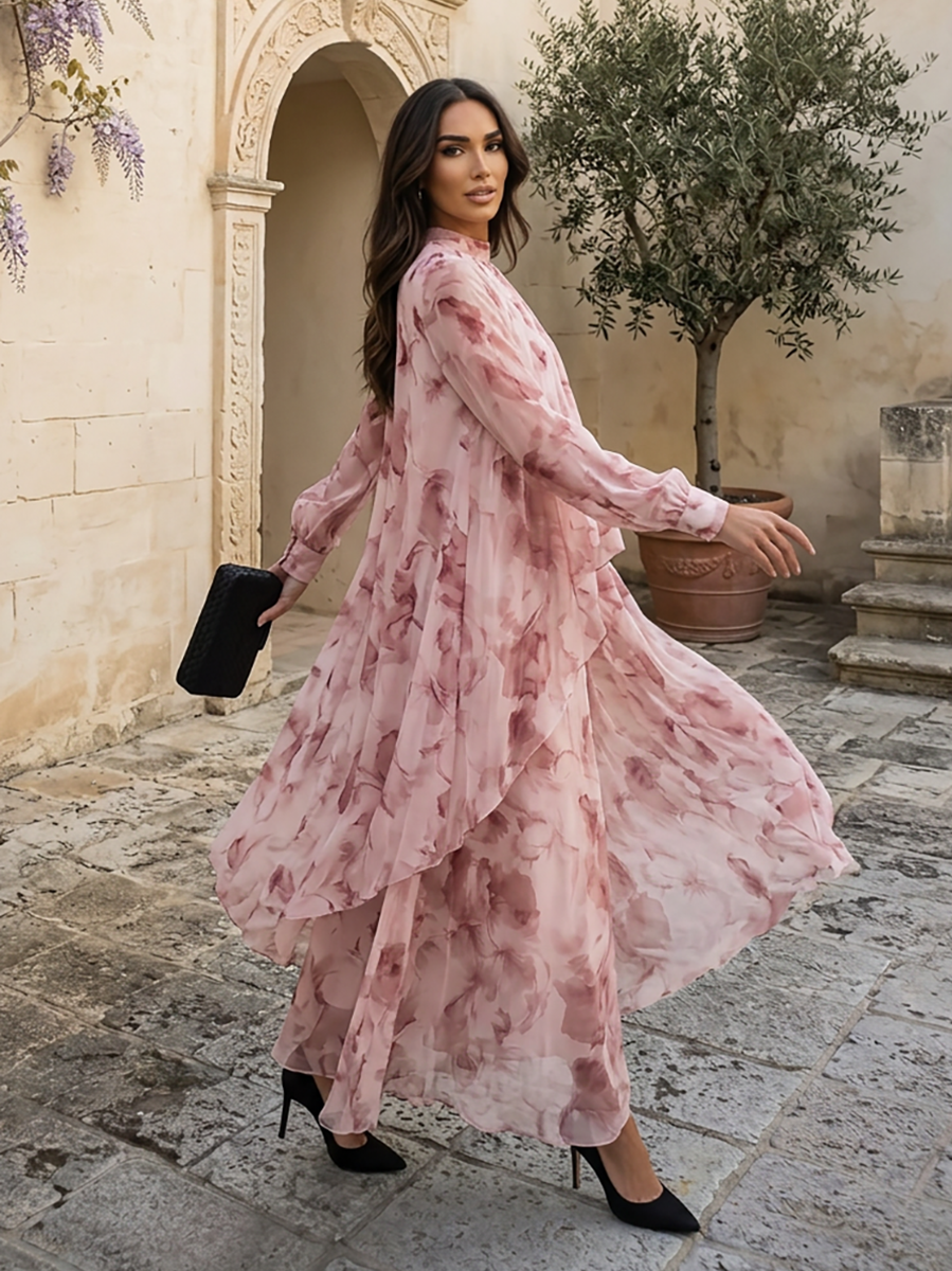 Dusty Rose Floral Chiffon Mock Neck Long Sleeve Layered Floor-Length Gown Dress