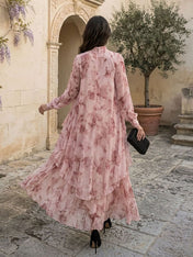 Dusty Rose Floral Chiffon Mock Neck Long Sleeve Layered Floor-Length Gown Dress