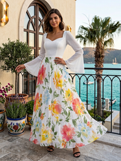 White and Multi-Color Floral Chiffon Sweetheart Bell-Sleeve A-Line Floor-Length Gown Dress
