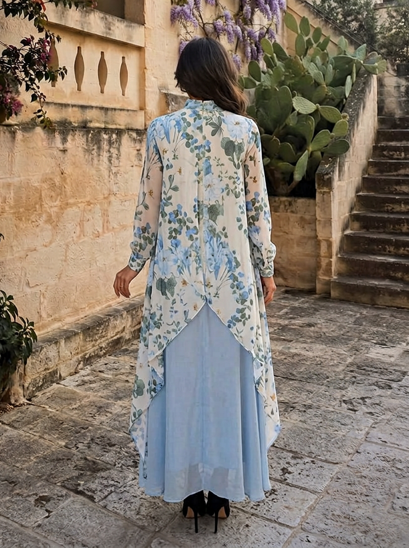 Light Blue Floral Chiffon Mock Neck Long Sleeve Layered Floor-Length Gown Dress