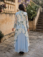 Light Blue Floral Chiffon Mock Neck Long Sleeve Layered Floor-Length Gown Dress