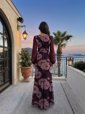 Dark Burgundy Floral Chiffon Boat Neck Long Sleeve A-Line Floor-length Gown Dress