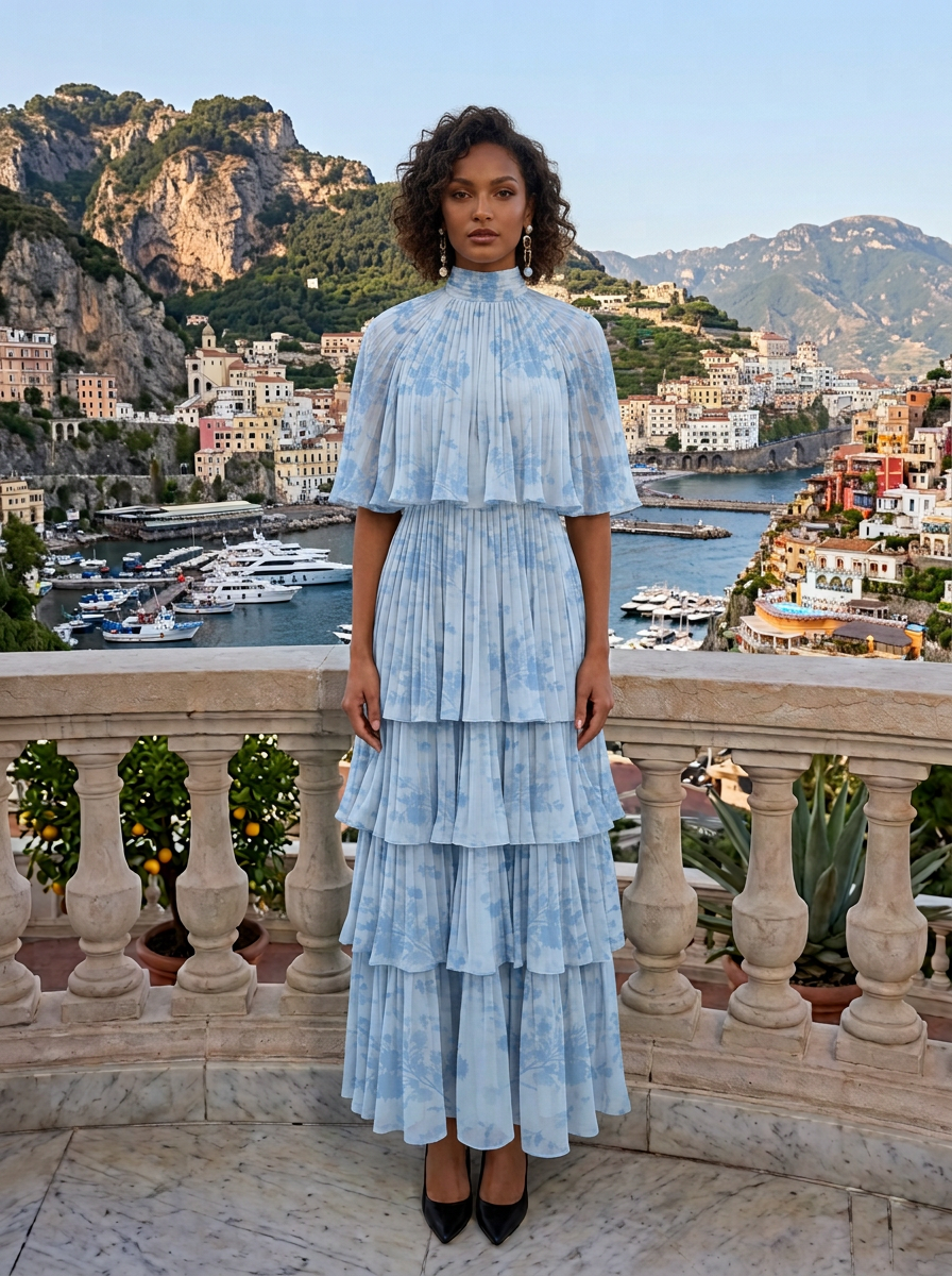 Light Blue Floral Chiffon High Neck Tiered Pleated Floor-Length Gown Dress