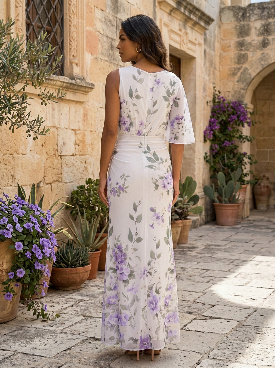 Purple Floral Chiffon One-Shoulder Asymmetric Sleeve Sheath Floor-Length Gown Dress