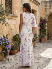 Purple Floral Chiffon One-Shoulder Asymmetric Sleeve Sheath Floor-Length Gown Dress