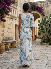 Blue and White Botanical Chiffon One-Shoulder Capelet Sheath Floor-Length Gown Dress