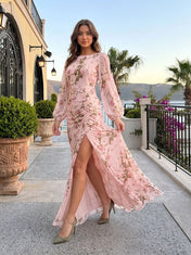 Pink Floral Chiffon Round Neck Long Sleeve High Split Floor-Length Gown Dress