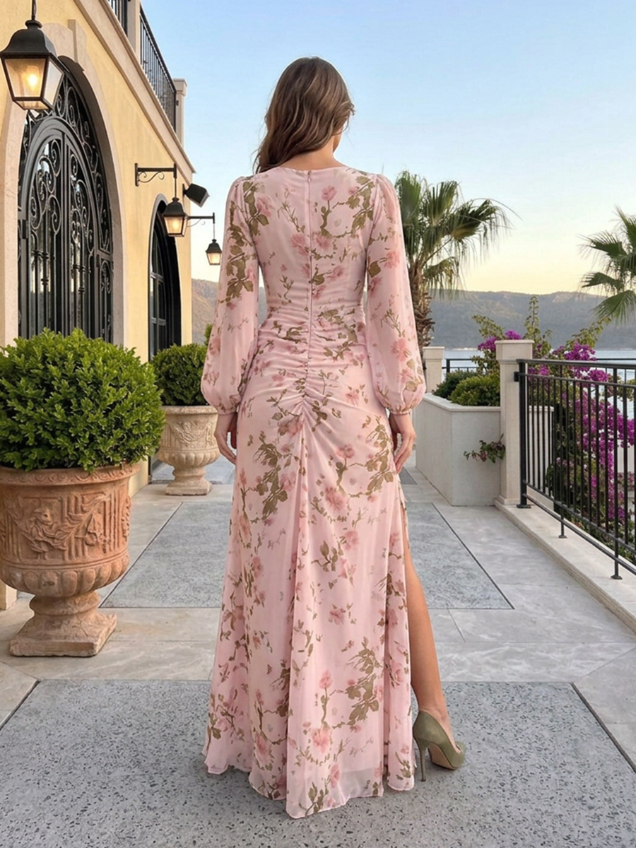 Pink Floral Chiffon Round Neck Long Sleeve High Split Floor-Length Gown Dress