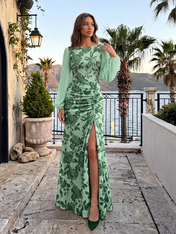 Green Floral Chiffon Boat Neck Long Sleeve High Split Floor-Length Gown Dress